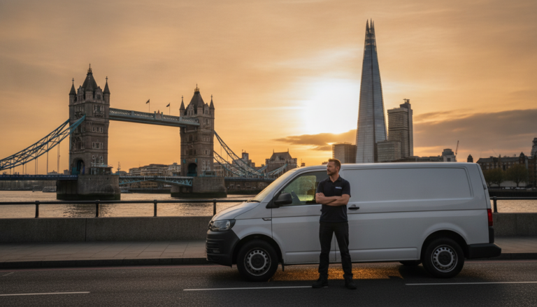 Pest control service van by the Thames with Tower Bridge and the London skyline
