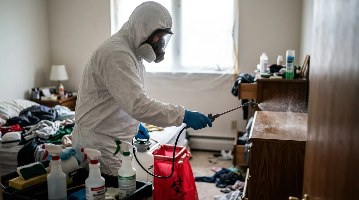 Technician in hazmat PPE carrying out a biohazard clean in a home