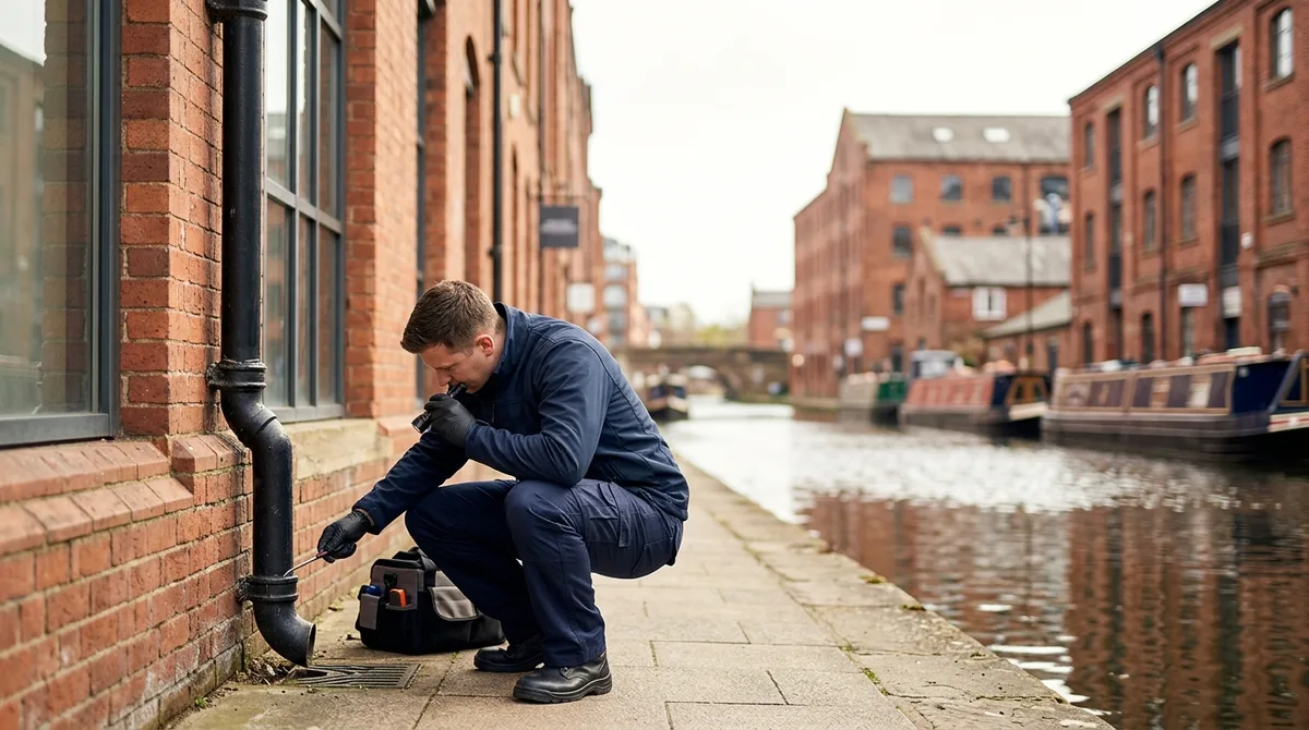 Commercial pest control technician at a canal-side commercial building in Birmingham