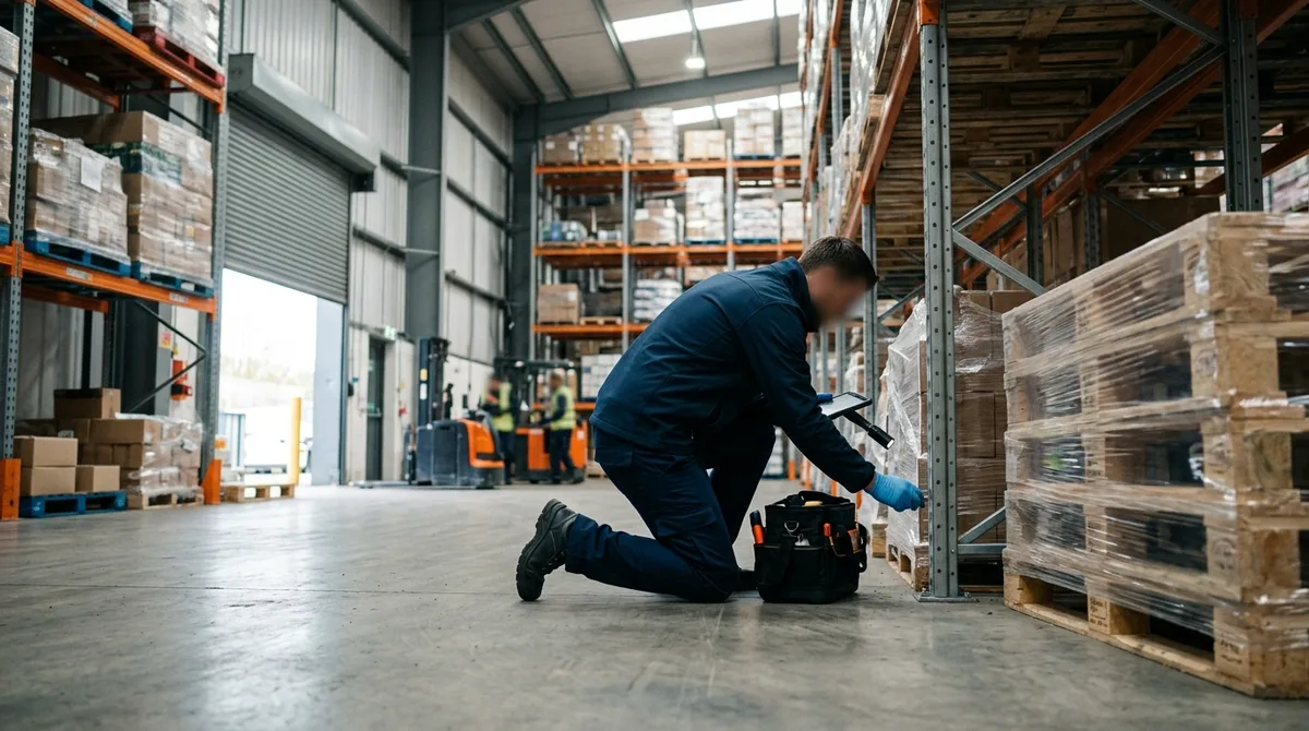 Commercial pest control technician inspecting racking in a Coventry distribution warehouse