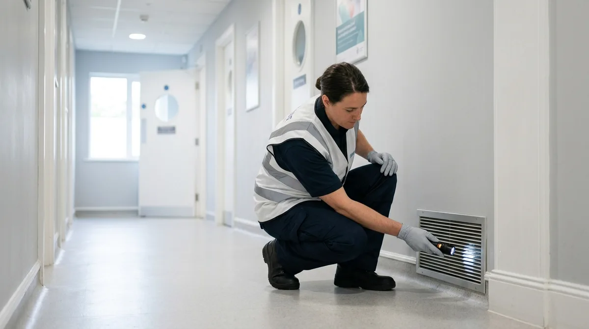 Commercial pest control technician inspecting a clinical corridor in a healthcare setting