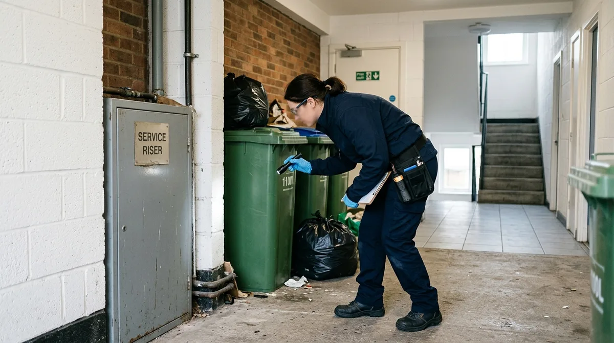 Commercial pest control technician inspecting the communal bin store of a block of flats
