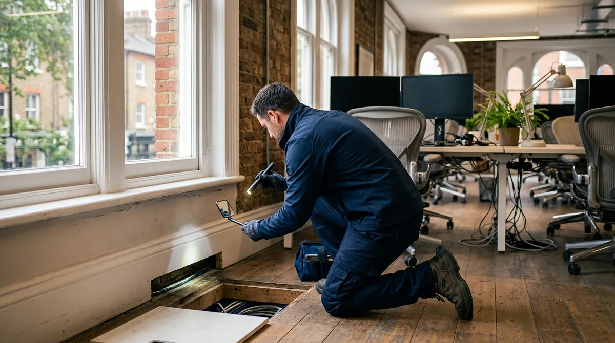Commercial pest control technician inspecting a converted Victorian office in Leeds