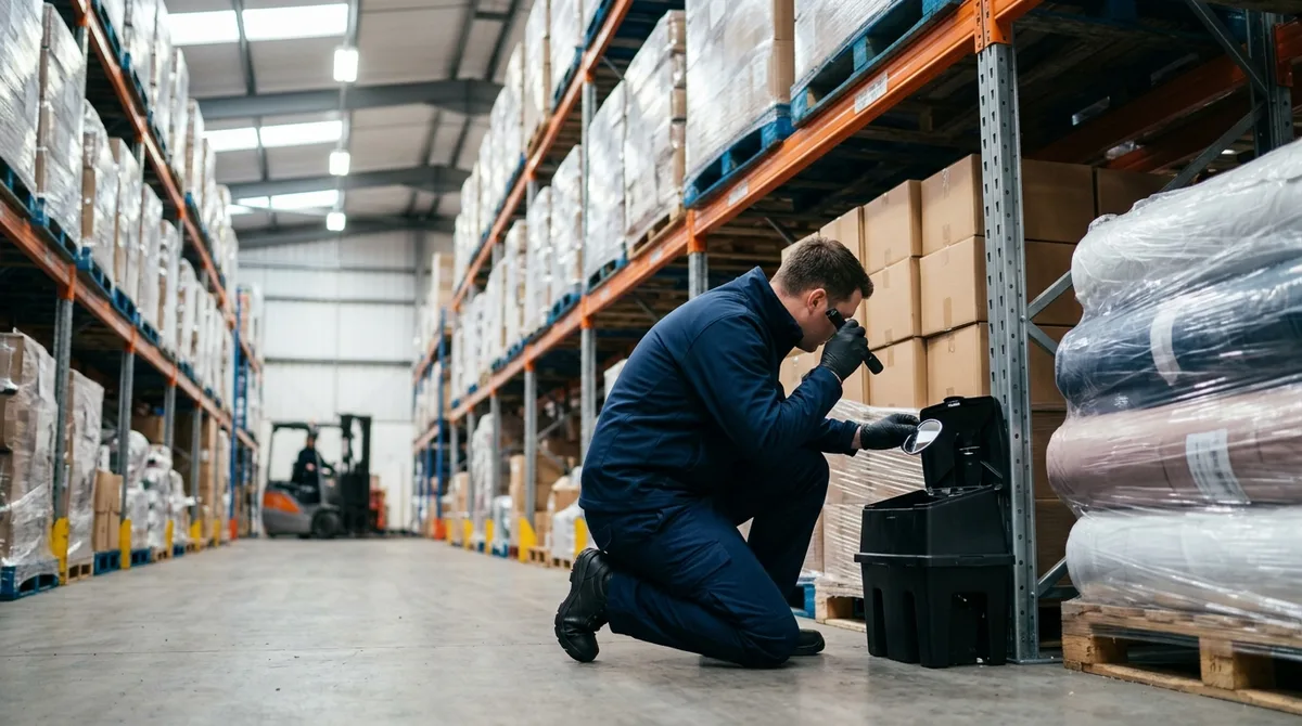 Commercial pest control technician checking a rodent monitor in a Leicester warehouse