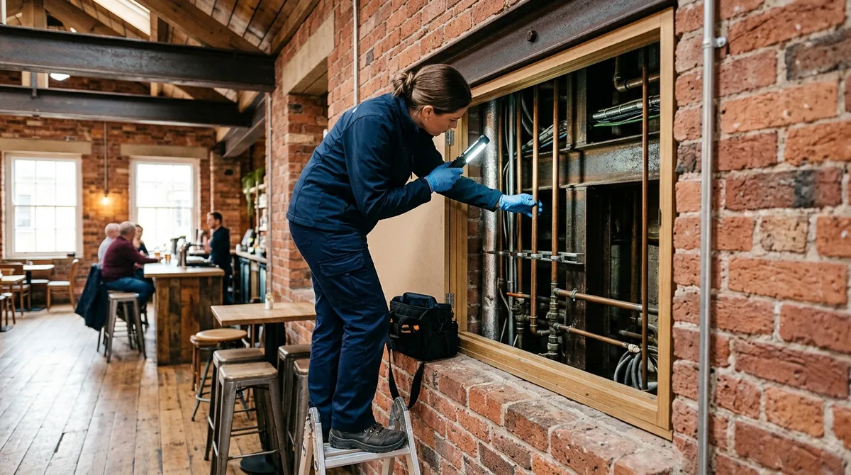 Commercial pest control technician inspecting pipework in a converted Manchester mill