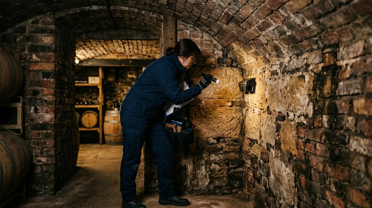 Commercial pest control technician inspecting a brick cellar beneath a Nottingham premises