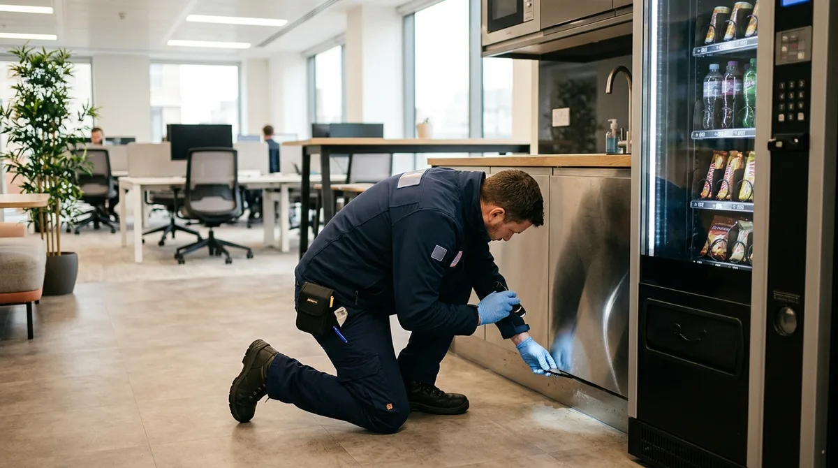 Commercial pest control technician inspecting an office kitchenette for pests