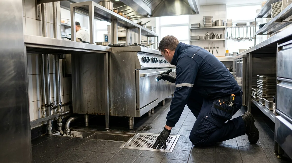 Commercial pest control technician inspecting under kitchen equipment in a restaurant