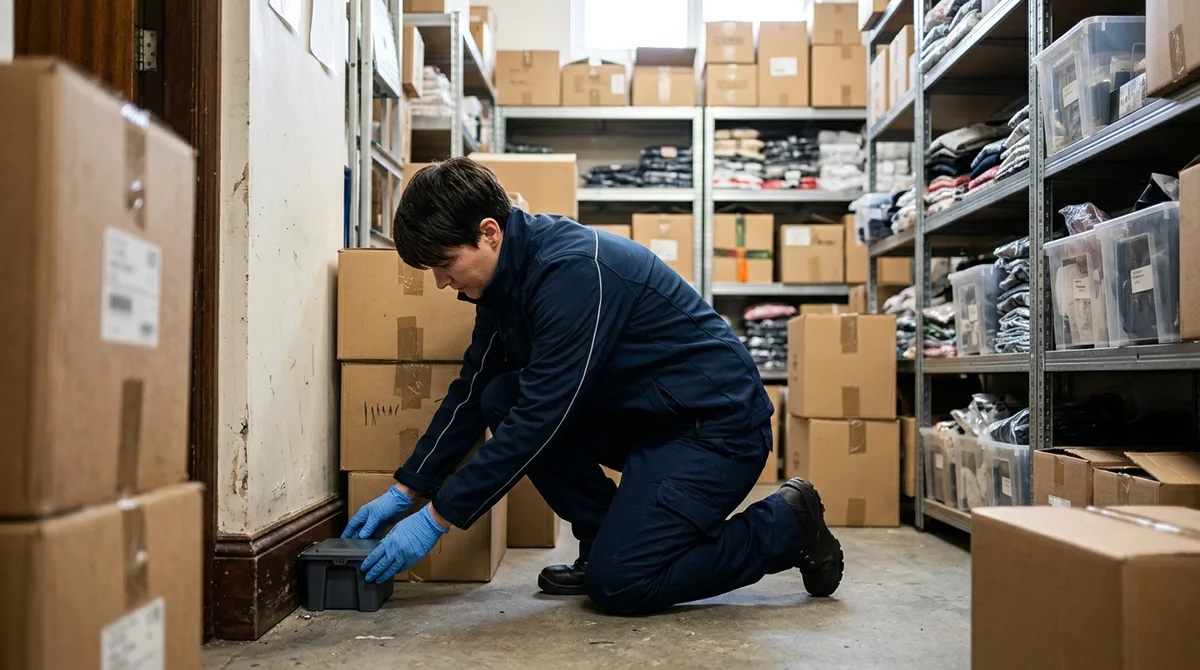 Commercial pest control technician placing a rodent monitor in a retail shop stockroom