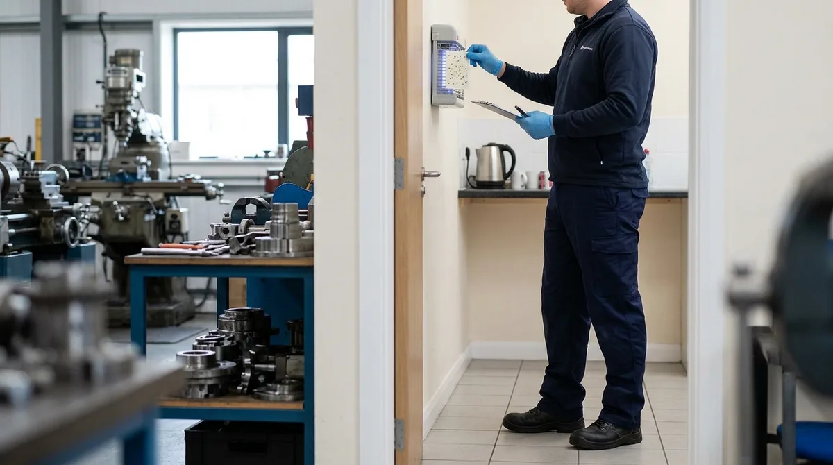 Commercial pest control technician checking a fly monitor in a Sheffield engineering workshop