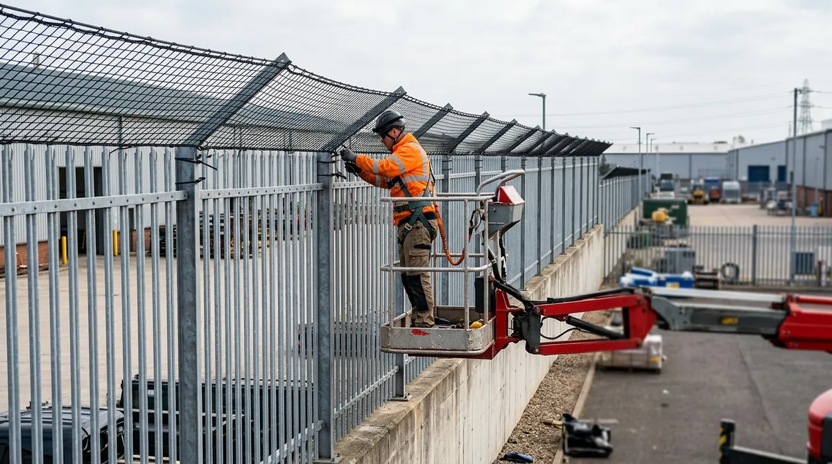 Anti-throwover contraband netting installed on a secure facility fence