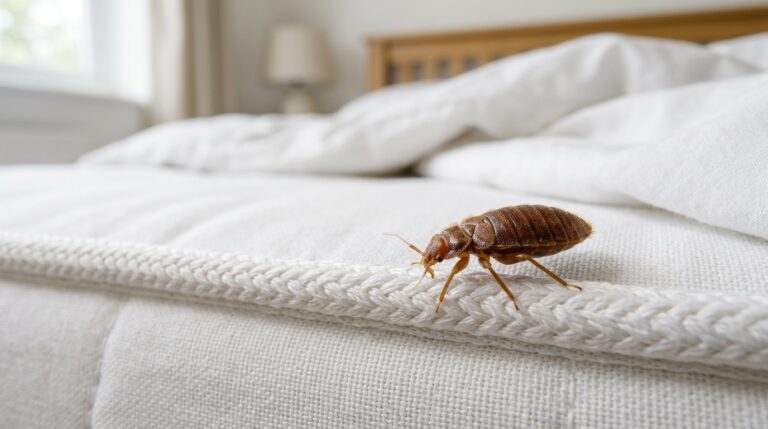 Bed bug crawling on a mattress seam