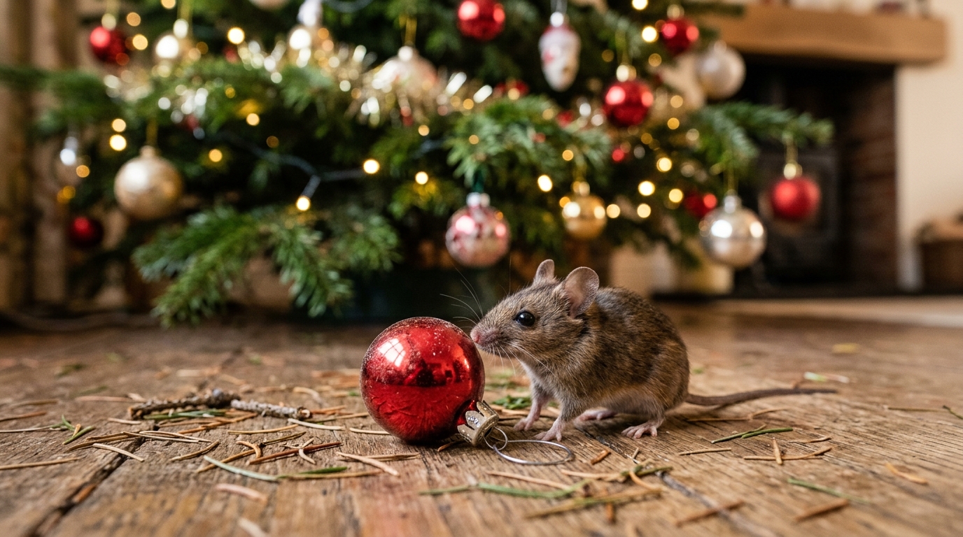 Mouse beside a red bauble under a Christmas tree