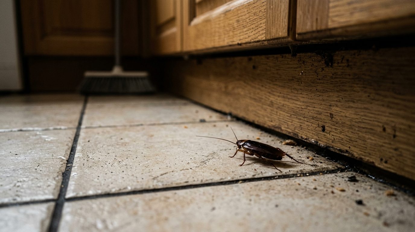 JG technician applying professional cockroach gel treatment in a kitchen