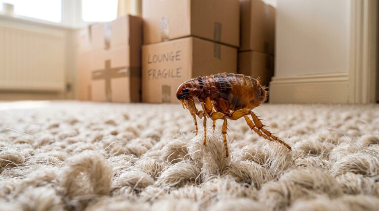 Flea on carpet fibres with moving boxes in the background