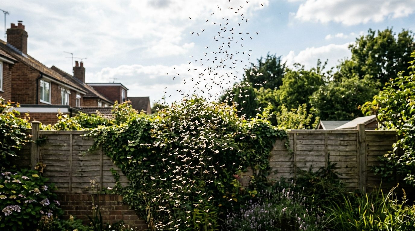 Flying ants swarming from a mature colony in summer