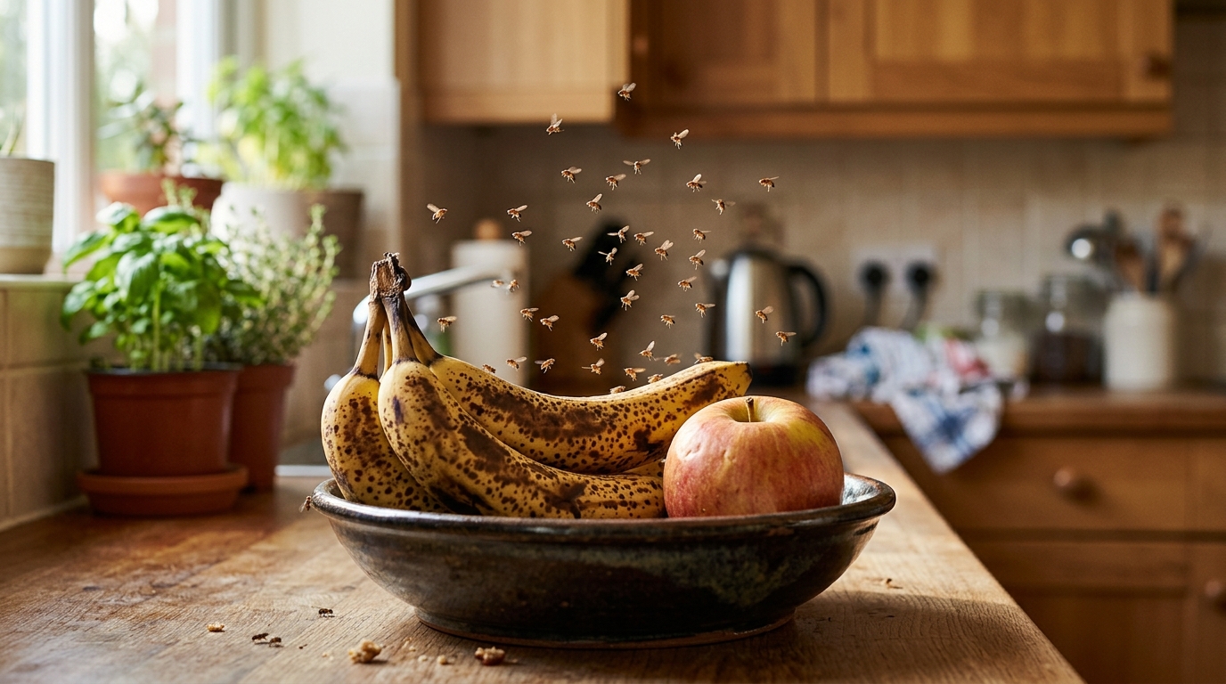 Fruit flies hovering over overripe bananas in a fruit bowl