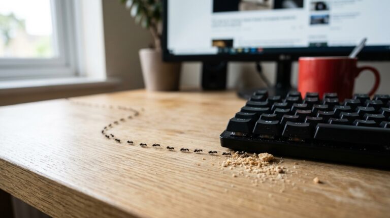 Trail of ants crossing an office desk toward crumbs