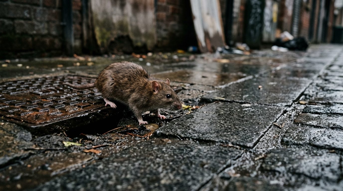 Brown rat at a drain cover - one of the most common emergency call-outs