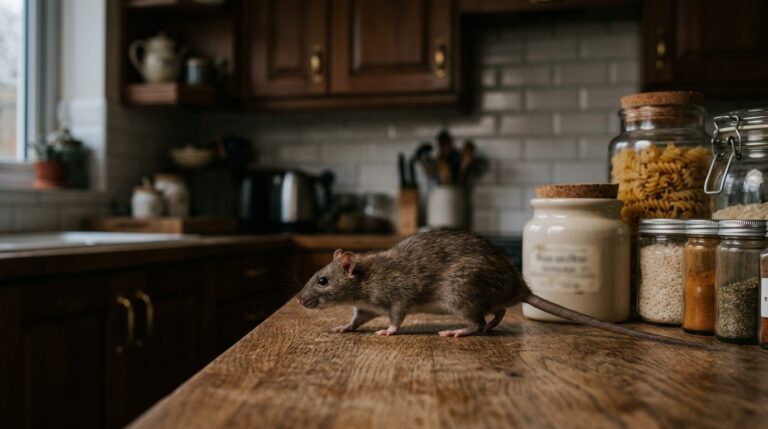 Brown rat creeping along a kitchen worktop