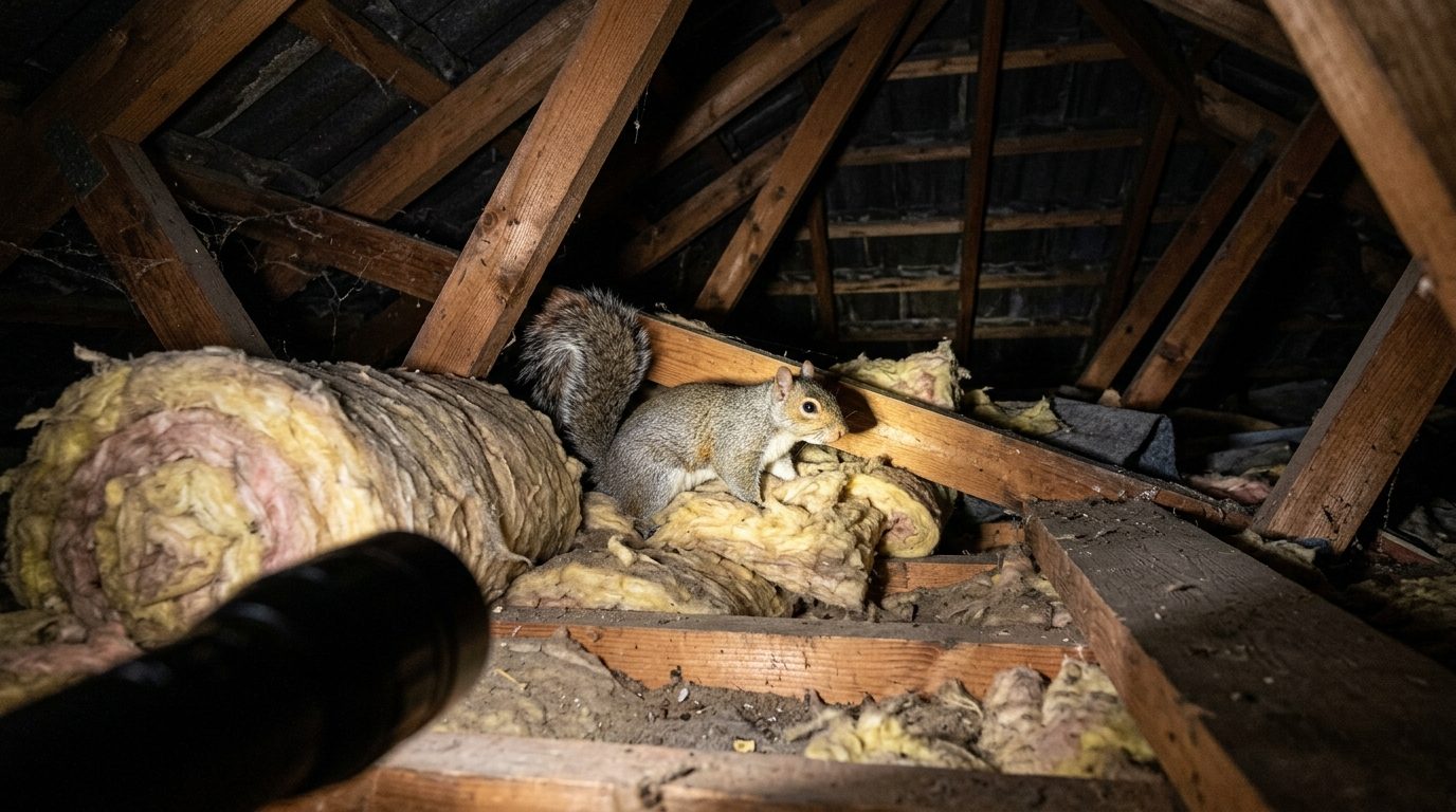 Grey squirrel inside a loft space near roof insulation