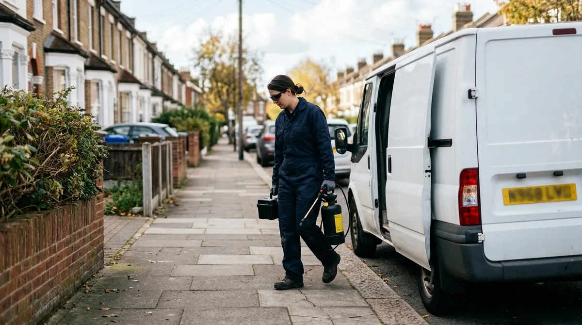 Pest control technician arriving by van on a UK residential street