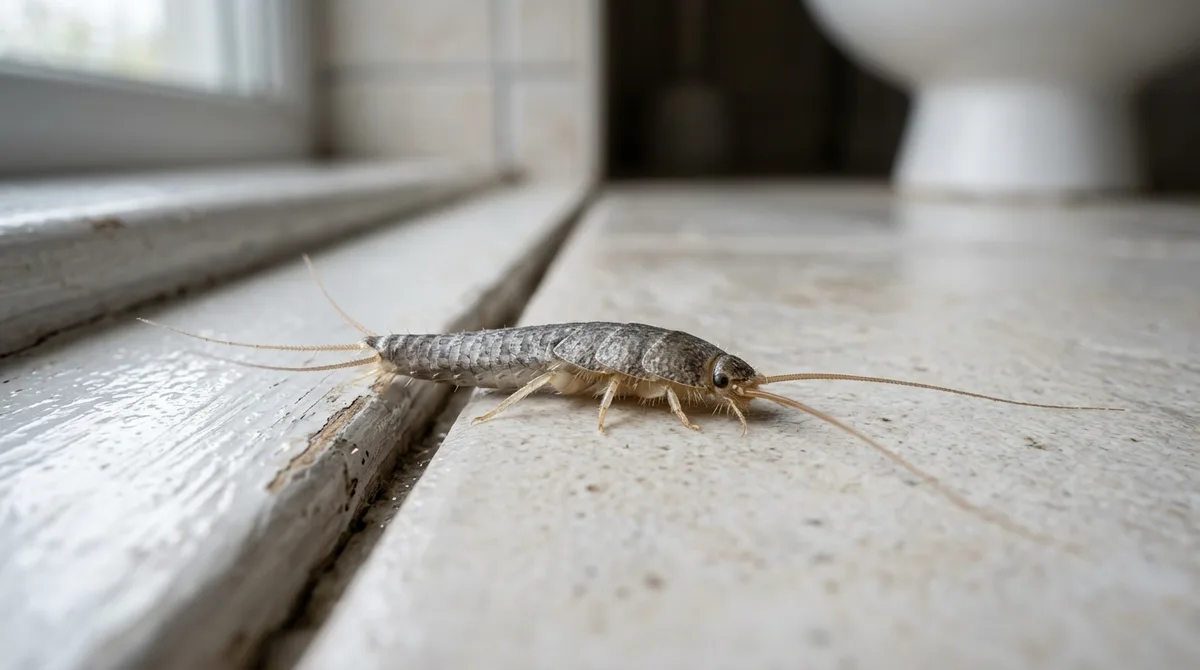 Close-up of a silverfish insect on a bathroom windowsill