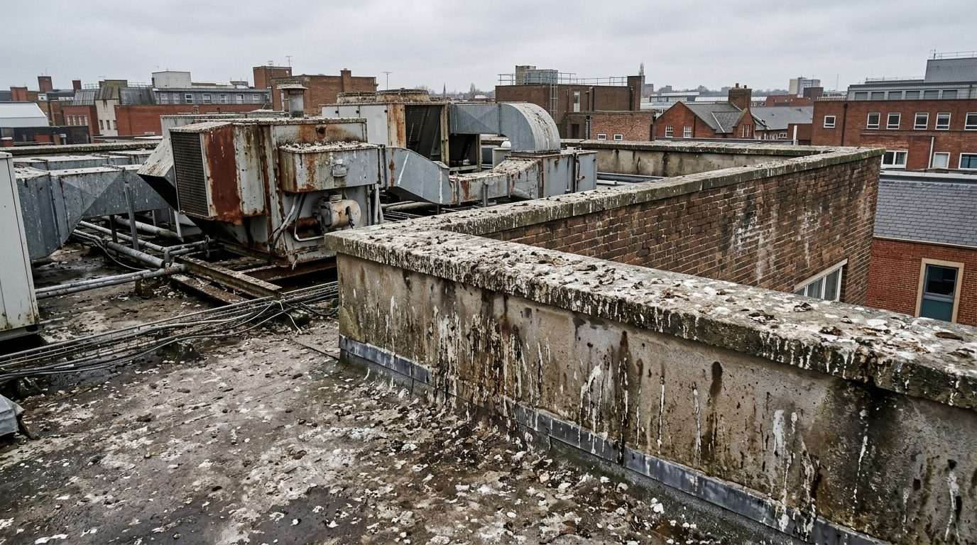 Commercial rooftop and parapet heavily fouled with built-up pigeon droppings around roof plant