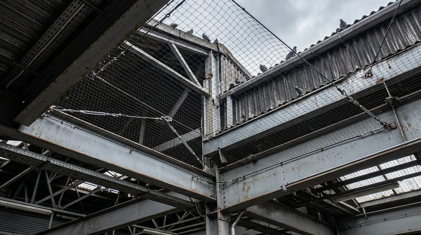 Black bird exclusion netting tensioned on wire rope across an industrial steel canopy, with pigeons excluded on the roofline outside