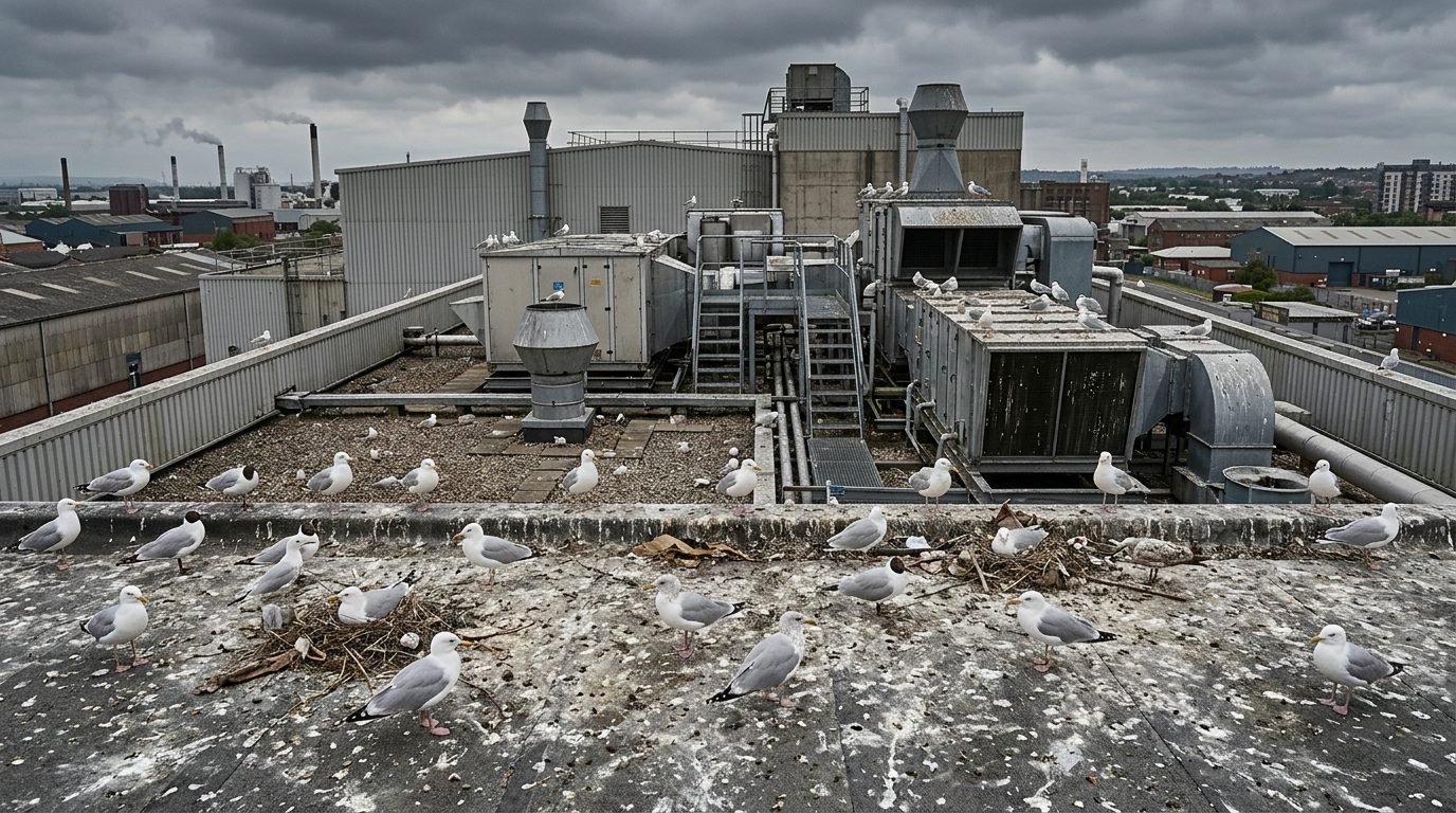 Herring gulls on the flat roof of a UK food production building