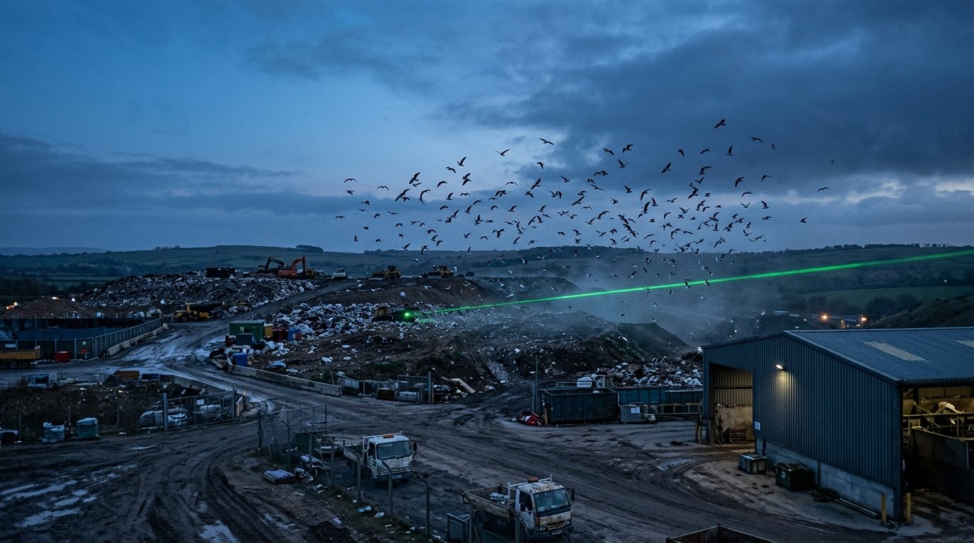 Green laser beam sweeping across a UK landfill at dusk as gulls scatter