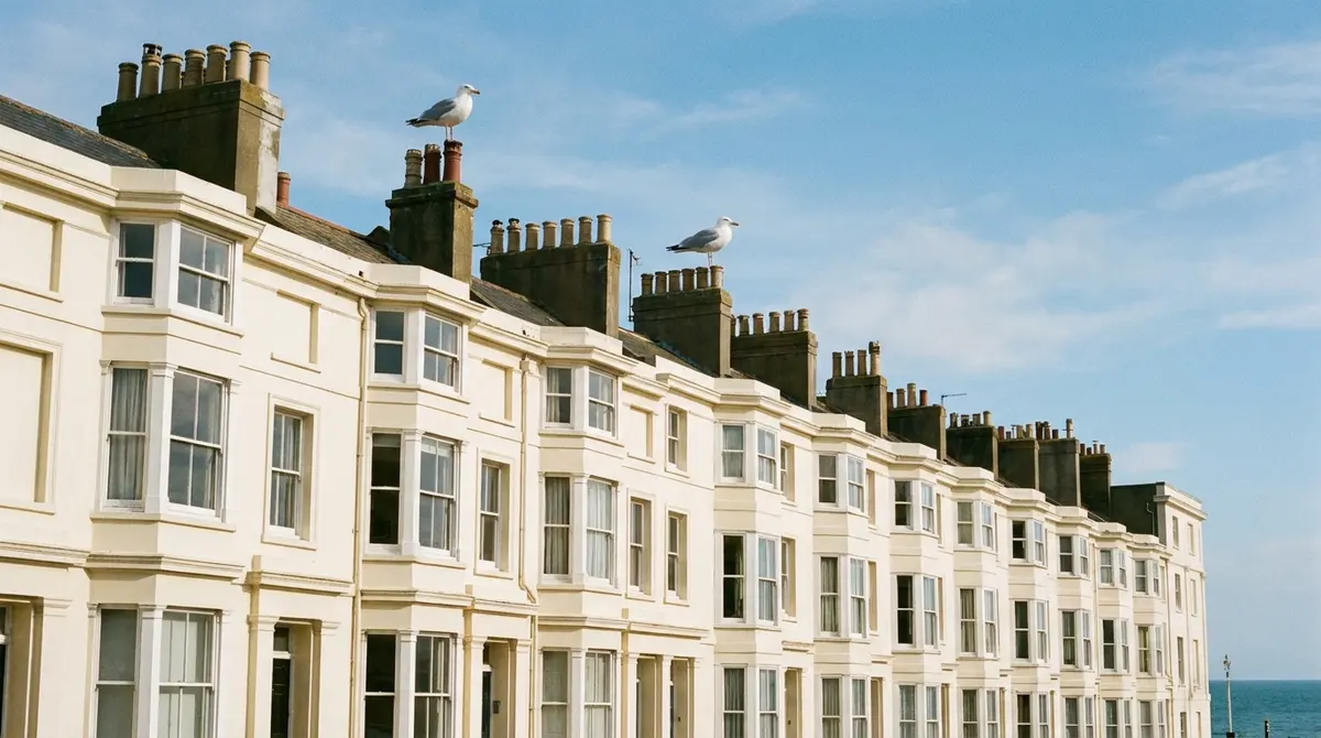 Regency terraced houses on the Brighton seafront with herring gulls on the chimney stacks