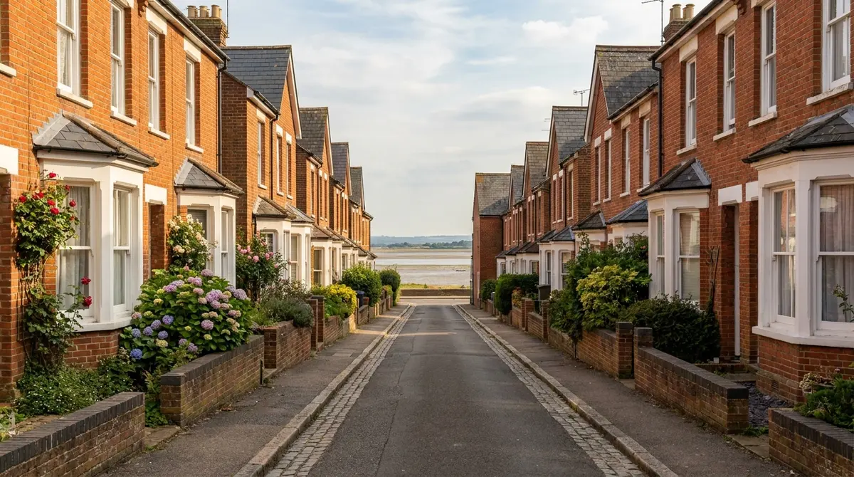 A residential street of red-brick terraced houses in an Essex seaside town