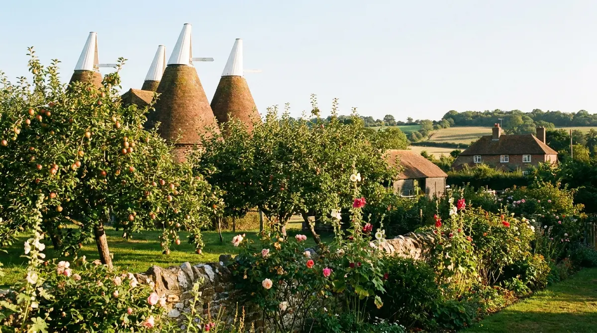 Traditional Kent oast houses beside an apple orchard in the countryside
