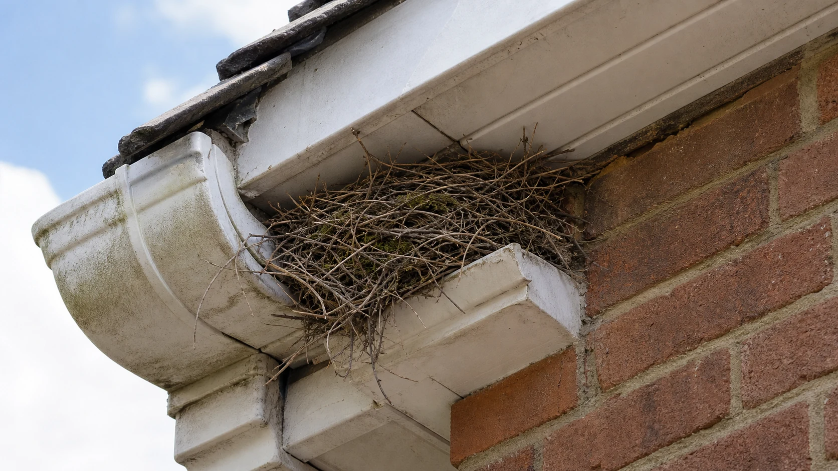 A bird nest tucked into the eaves and guttering of a house, a source of bird mites