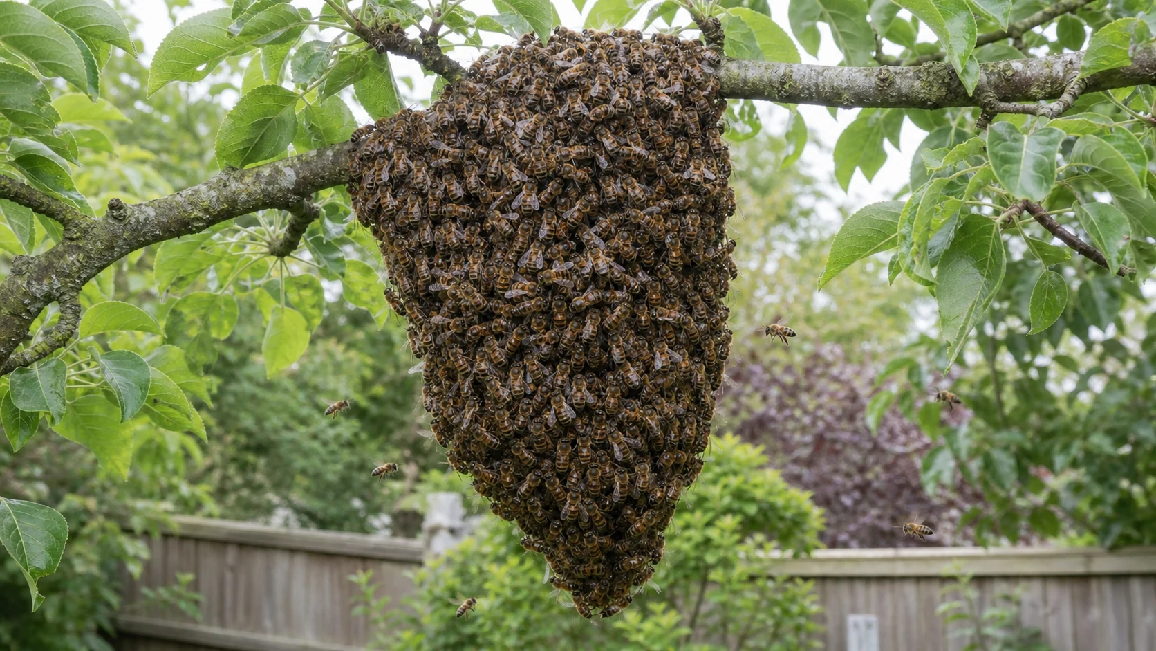 A honey bee swarm clustered on a tree branch in a garden