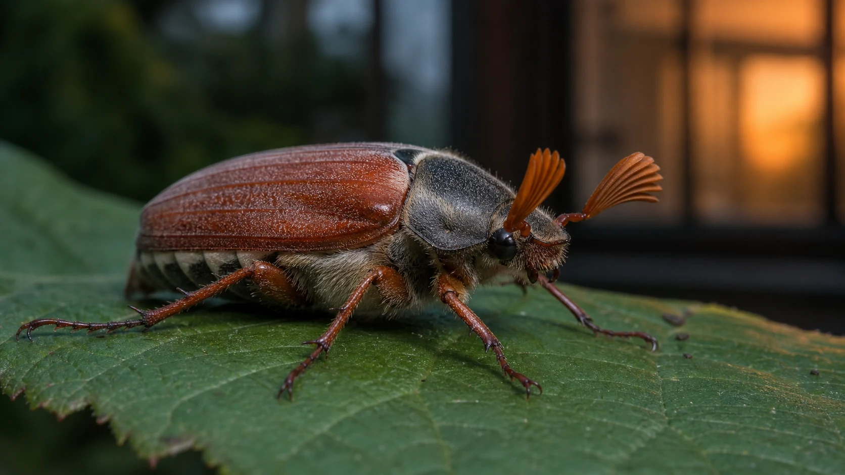 A cockchafer or May bug on a leaf at dusk, showing its fan-shaped antennae and rusty-brown wing cases
