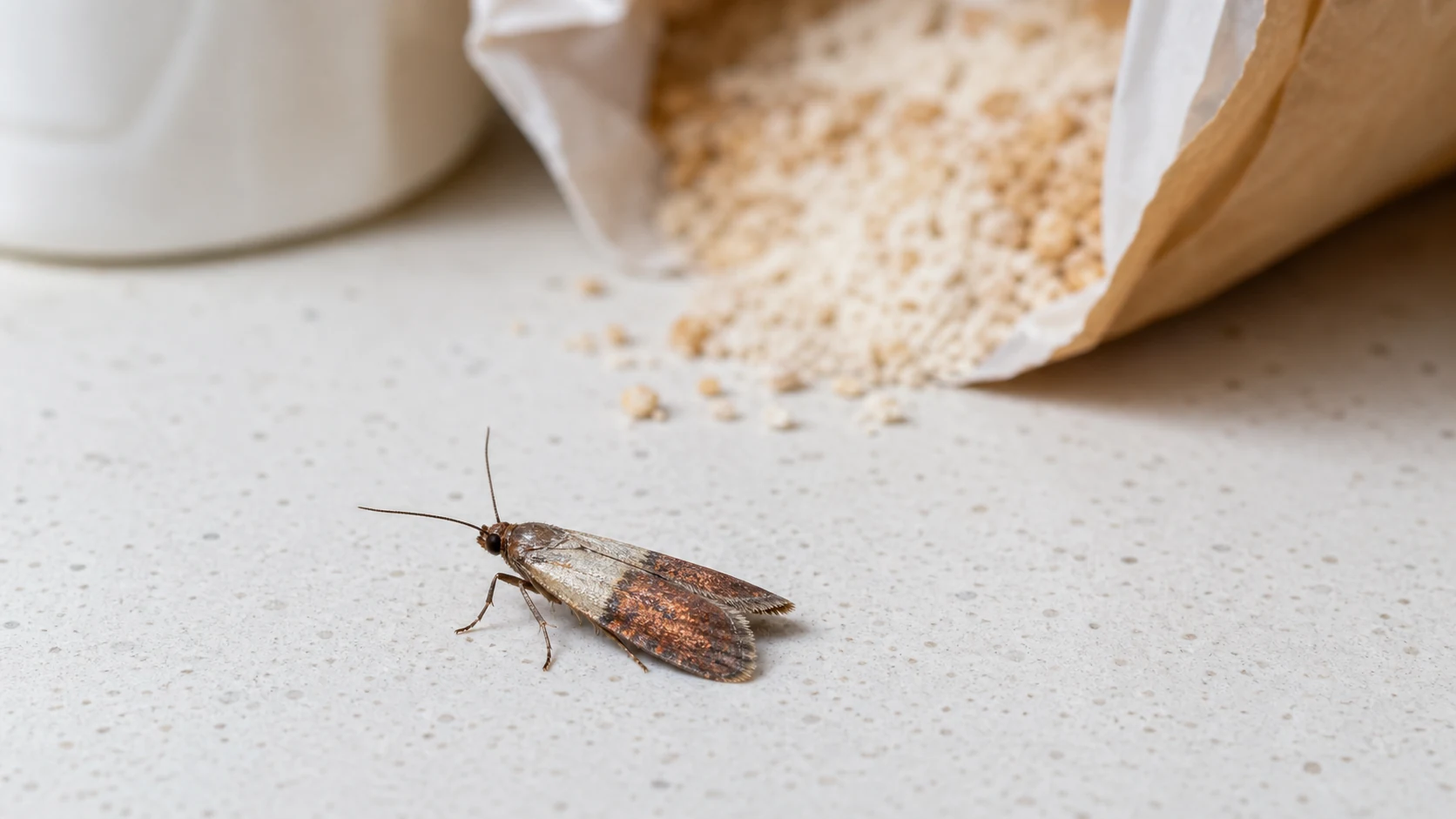 An Indian meal moth beside a spilled bag of grain on a kitchen worktop