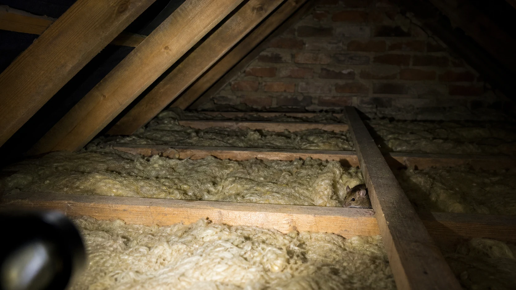 A domestic loft interior with insulation between the joists where pests are heard at night