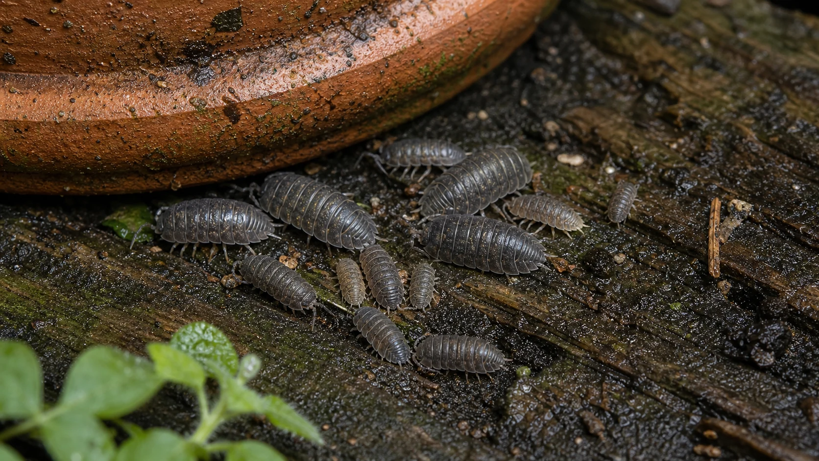 A group of woodlice on damp wood beneath a terracotta plant pot