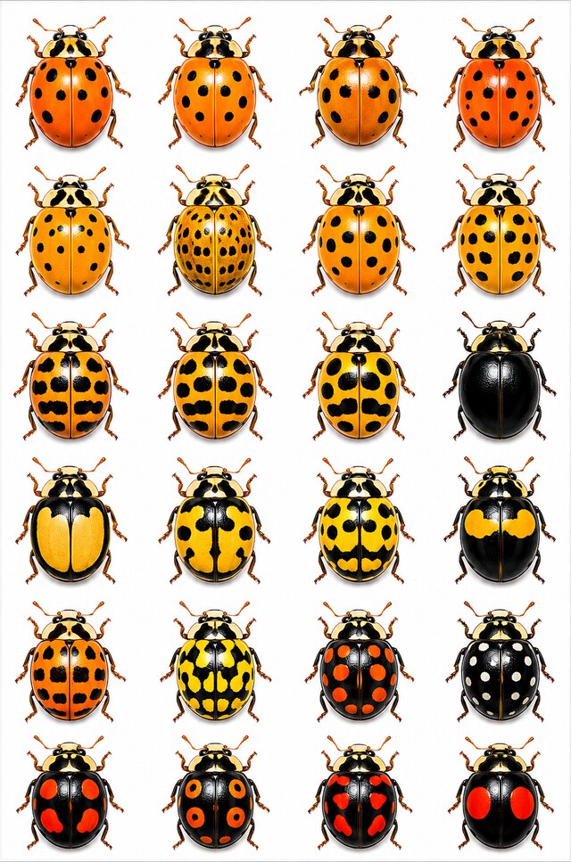 Chart showing the many colour and spot variations of the Harlequin ladybird
